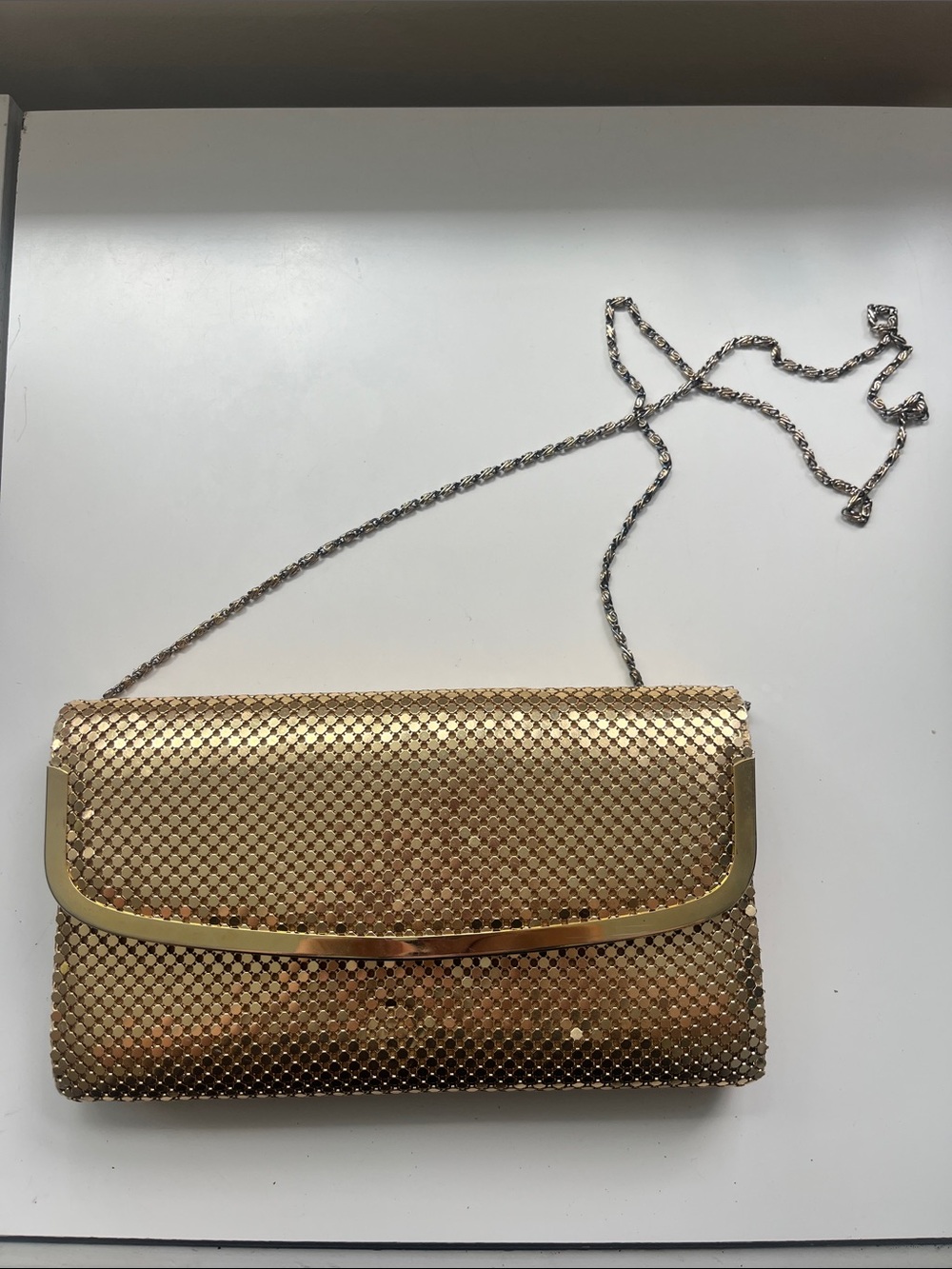 Vintage Gold Metallic Mesh Evening Clutch with Chain Crossbody Strap